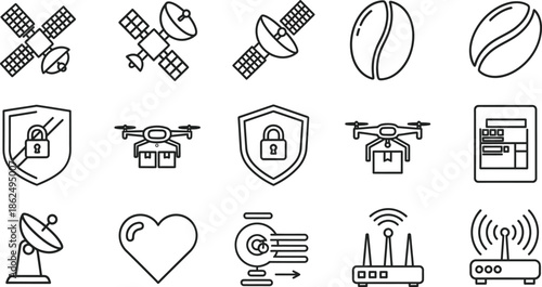 Collection of satellite and technology icons in line art style