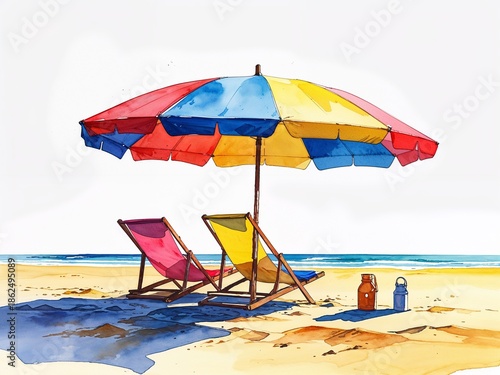 Colorful beach umbrella in red yellow and blue on golden sand painting art design watercolor illustration on plain white background