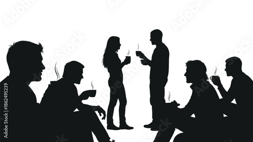 Group of people sitting and standing with coffee cups in their hands