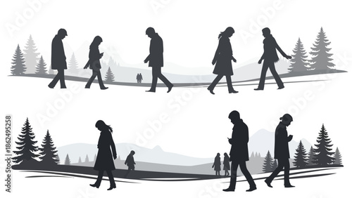 People walking alone in forest landscape silhouette