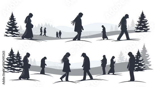 People walking alone in snowy landscape