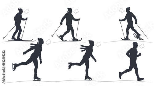 People engaging in various winter sports and exercise