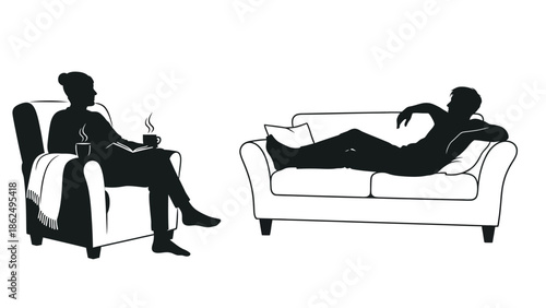 Relaxing people sitting on sofa and armchair with coffee