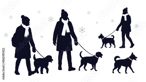 People walking dogs in snowy weather