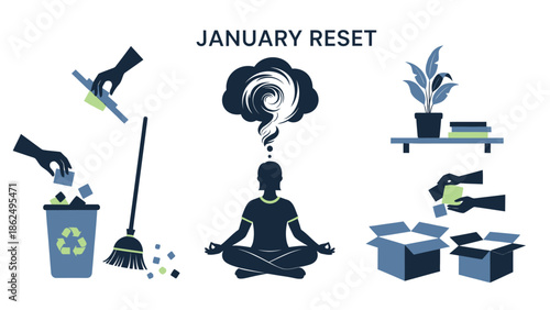 New year reset and organizing concept with meditation and cleaning