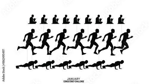 Consistency challenge silhouettes showcasing running and exercise