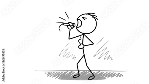 Playful Stick Figure Whistling Loudly with Sound Effects on Isolated White Background
