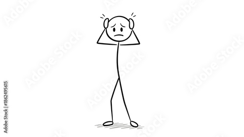 Worried Stick Figure Standing with Hands on Head Feeling Stressed or Confused on Isolated White Background
