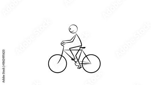 Stick Figure Riding Bicycle, Enjoying Cycling on Isolated White Background