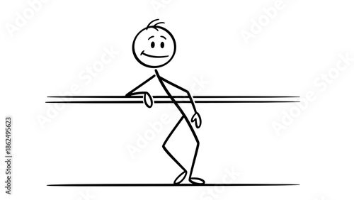 Happy Stick Figure Smiling and Leaning on a Table or Bar on an Isolated White Background