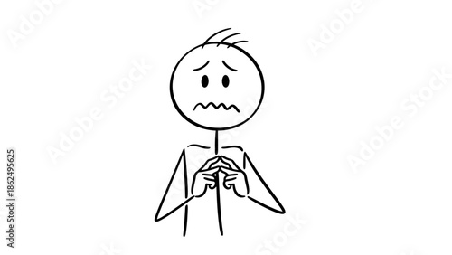 Worried Stick Figure Looking Anxious with Clasped Hands on an Isolated White Background