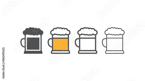Four stylized beer mugs with varying levels of detail and color are displayed.