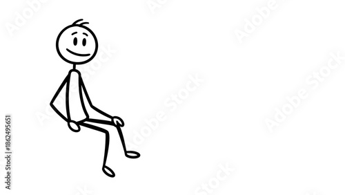 Relaxed Stick Figure Happily Sitting Casually and Leaning Back on an Isolated White Background