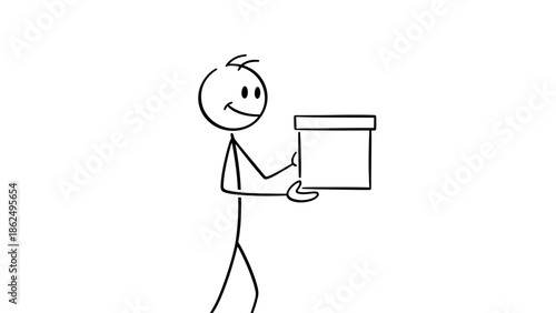 Happy Stick Figure Smiling and Offering a Box on an Isolated White Background
