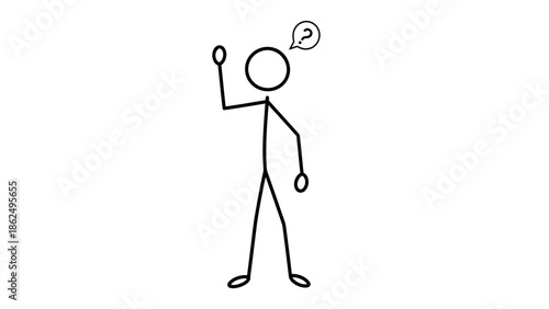 Confused Stick Figure Standing with Hand Raised and Question Mark Above Head on an Isolated White Background