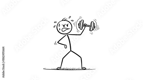 Straining Stick Figure Man Lifting Heavy Dumbbell Weight, Sweating and Determined, Isolated White Background