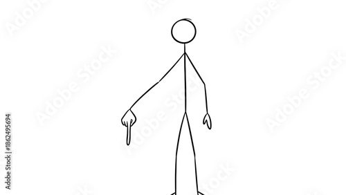 Stick Figure Man Pointing Finger Downwards, Indicating or Directing, Isolated White Background