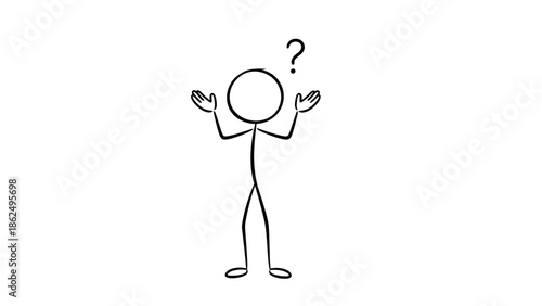 Stick Figure Man Shrugging Shoulders with Question Mark Above Head, Feeling Confused, Isolated White Background