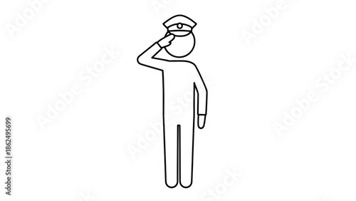 Respectful Stick Figure Wearing a Cap and Saluting Formally on an Isolated White Background