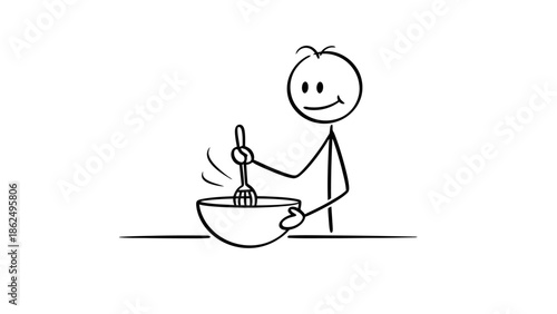 Stick Figure Man Stirring Ingredients in a Bowl, Cooking Activity on Isolated White Background