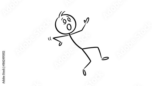 Surprised Stickman Character Tripping and Falling Down on an Isolated White Background.