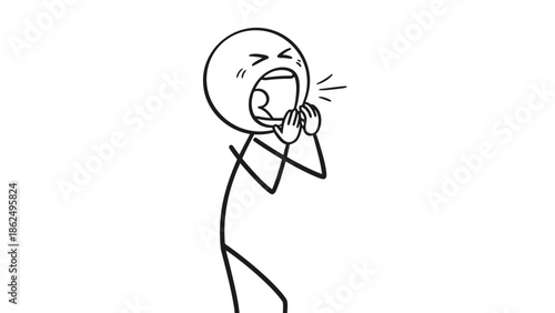 Stickman Character Yelling or Screaming with an Open Mouth and Closed Eyes on an Isolated White Background.