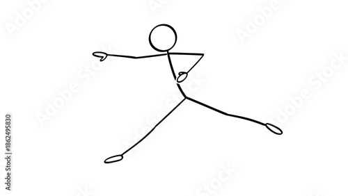 Dynamic stick figure performing a martial arts kick or leaping action in an active pose on isolated white background.