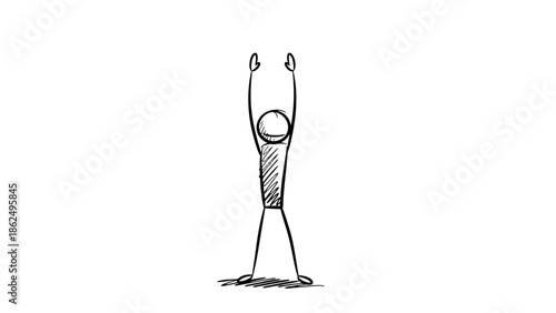 Stickman Character Stretching Arms Upwards in an Upward Reach Pose on an Isolated White Background.