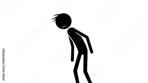 Dejected and exhausted black stick figure bending forward in sadness on isolated white background.