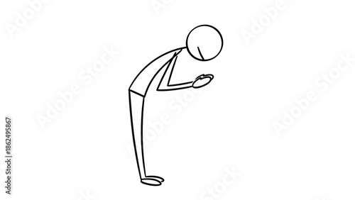 Stickman Character Bowing Down in a Gesture of Respect, Apology, or Sadness on an Isolated White Background.