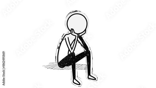 Thoughtful stick figure sitting and leaning on hand, expressing contemplation or sadness in a sketchy style on isolated white background.