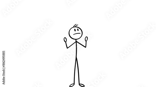 Confused stick figure standing with hands up in a shrug gesture, expressing "I don't know" or helplessness on isolated white background.