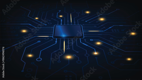 Close up of a microchip on a circuit board.