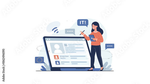 Illustration of a woman interacting with a large digital profile on a screen with social media icons and speech bubbles