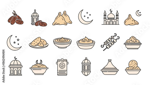 Set of Ramadan Kareem Vector Icons, Middle Eastern Food, Dates, Mosque, and Lantern in Flat Line Art Style