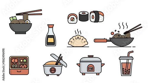 Set of Asian Food Vector Icons, Ramen, Sushi, Dumplings, and Bubble Tea in Flat Line Art Style