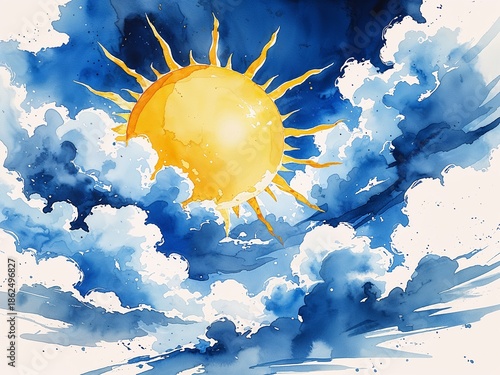 Bright yellow sun shining over blue sky with white clouds painting art design watercolor illustration on plain white background