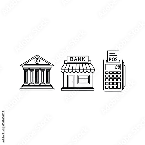 Bank and payment icons including a bank building, store, and pos terminal