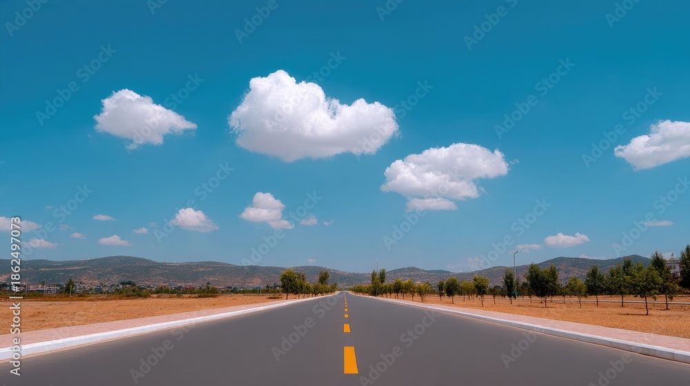 Fototapeta premium Expansive Highway Under Blue Sky with Fluffy White Clouds and Scenic Mountain Backdrop Surrounded by Lush Greenery and Open Fields
