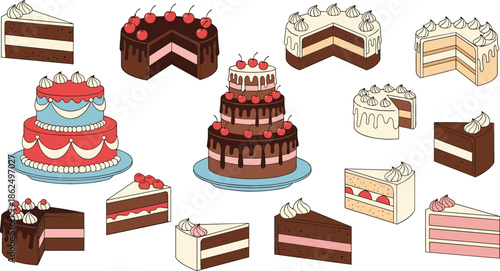 Hand drawn vector collection of various gourmet whole cakes and sliced cake portions with frosting cherries and cream