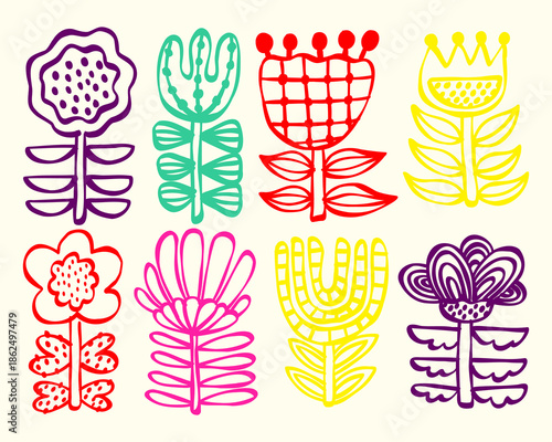Illustrations of various stylized line drawing flowers and plants in different colors and pattern sollection set bundle