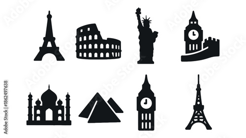 Famous global landmarks are depicted as black silhouettes on a white background.