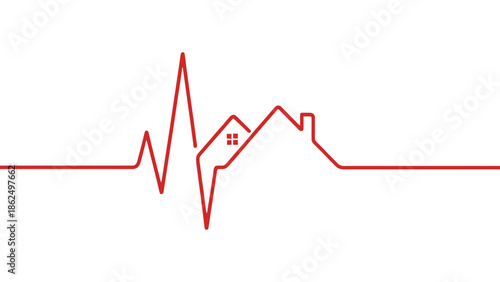A red heartbeat line forms the outline of a house on a white background.