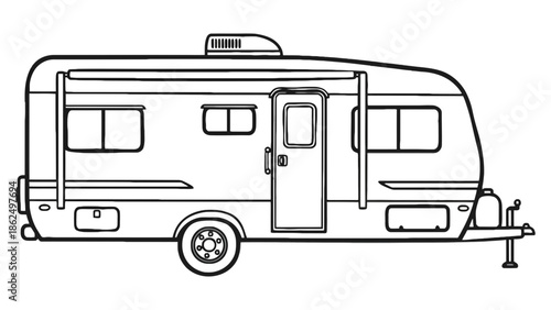 A line drawing of a recreational vehicle or camper trailer.