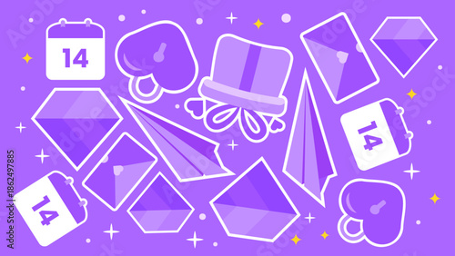 A sophisticated purple-themed layout featuring large geometric diamonds, flying paper planes, and secure heart padlocks alongside February 14 calendars and sealed envelopes