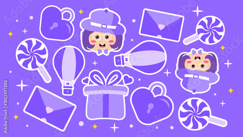 A playful purple-themed composition featuring a young girl in a detective hat and glasses, surrounded by sweet lollipops, hot air balloons, romantic heart-shaped locks, and love letters