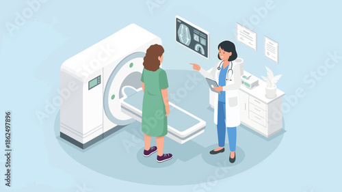 Doctor explaining MRI scan to patient in a medical setting with soft blue tones.