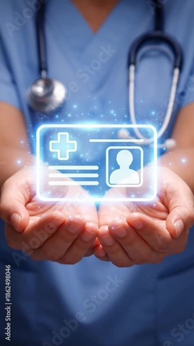 Health insurance medical business nurse holding glowing health card stethoscope in hands caring patient id hologram caregiver support protection trust hope