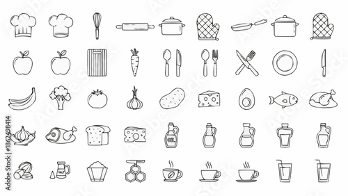 Collection of Hand Drawn Kitchen Utensils and Food Items Icons.