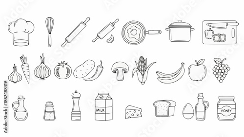 Collection of Hand Drawn Kitchen Utensils and Food Items.